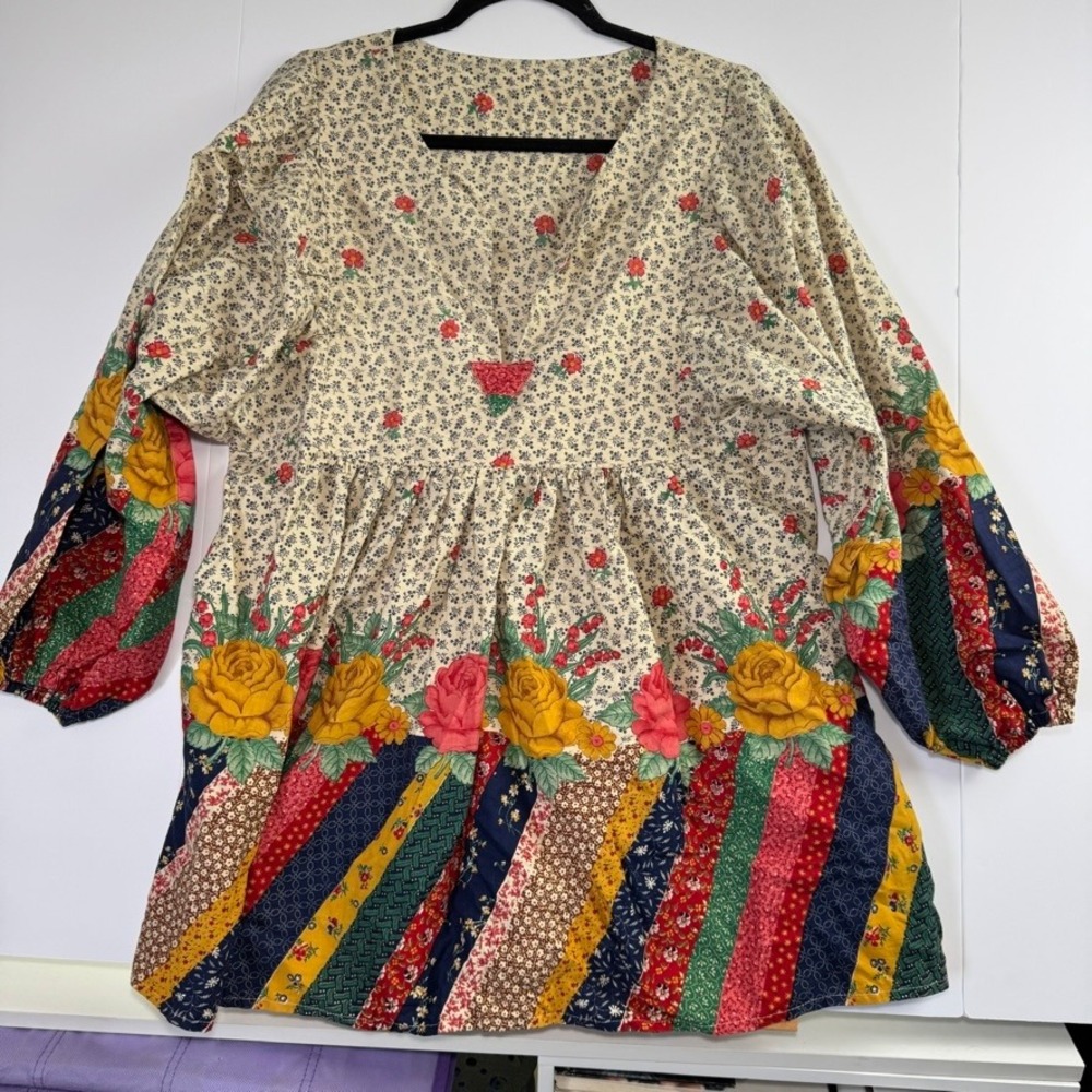 Vintage Handmade Floral Patchwork Smock Top V-Neck Babydoll Blouse Multi Color
